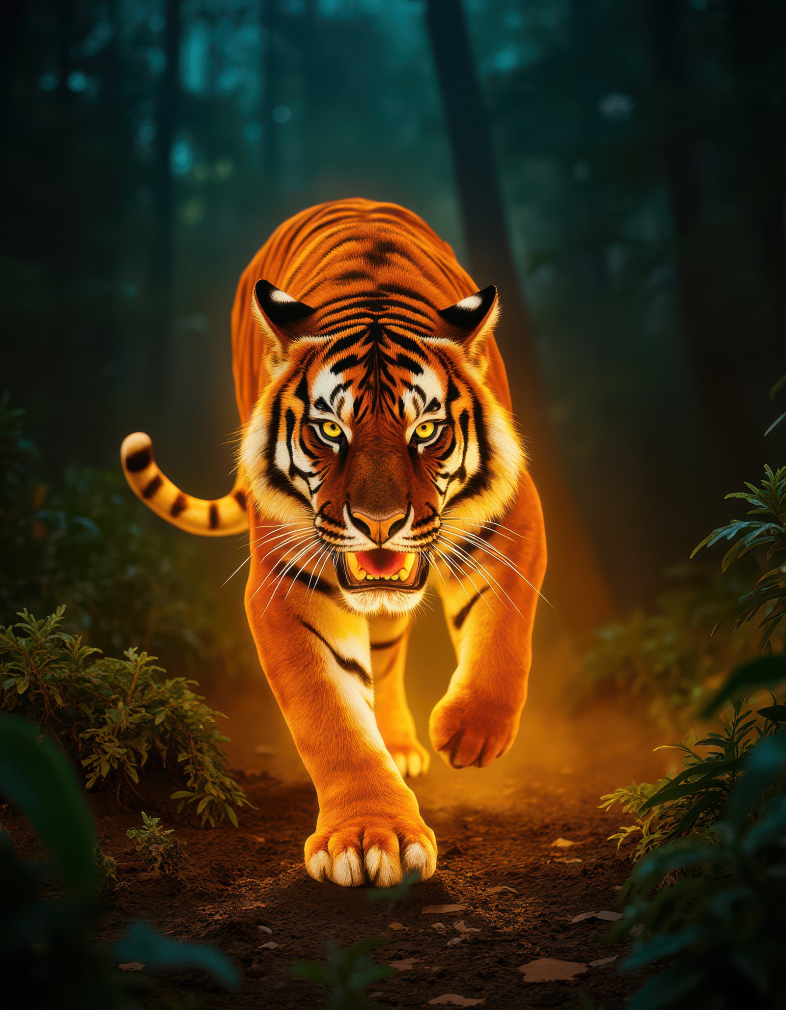 A tiger walks through a forest at night, its eyes glowing in the darkness